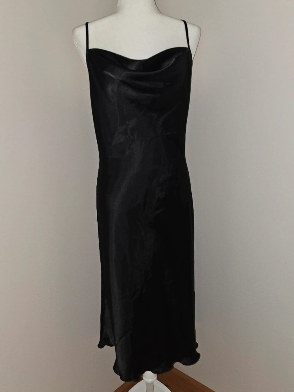 Bebe black satin cowl neck slip midi dress